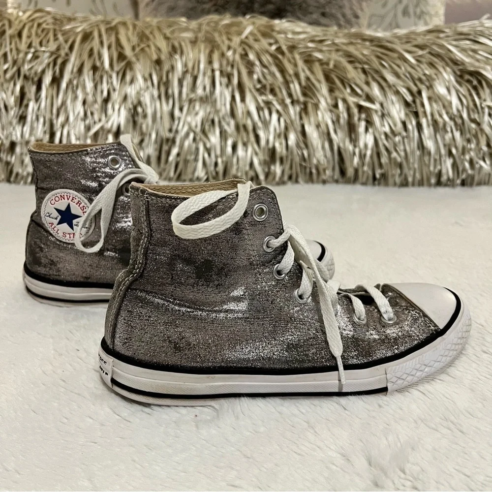 CONVERSE 3 (5.5) Silver Classic Lace Up High Tops Distressed